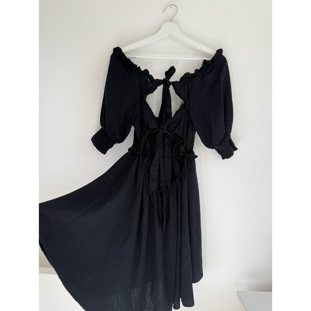✿ MISA Los Angeles Black Peasant Dress Puff Sleeves Ruffle Hem Size M